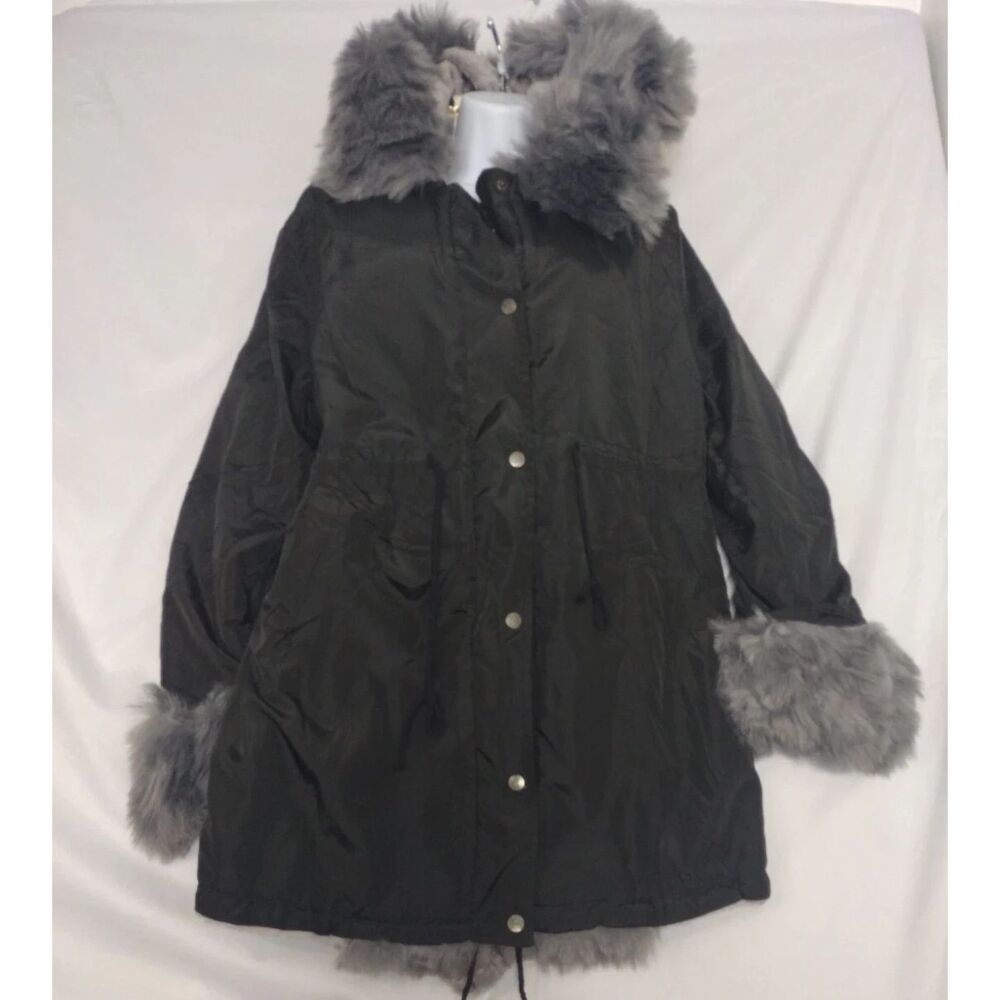 Roiii Faux Fur Trimmed Hooded Parka Jacket Black Small